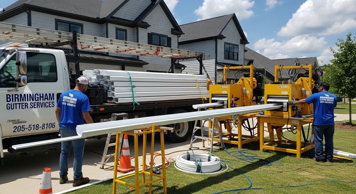 Gutter fabrication equipment and work truck preparing custom material on site