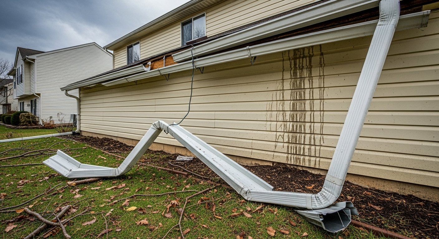 Storm-damaged gutter pulled down from the side of a house after severe weather